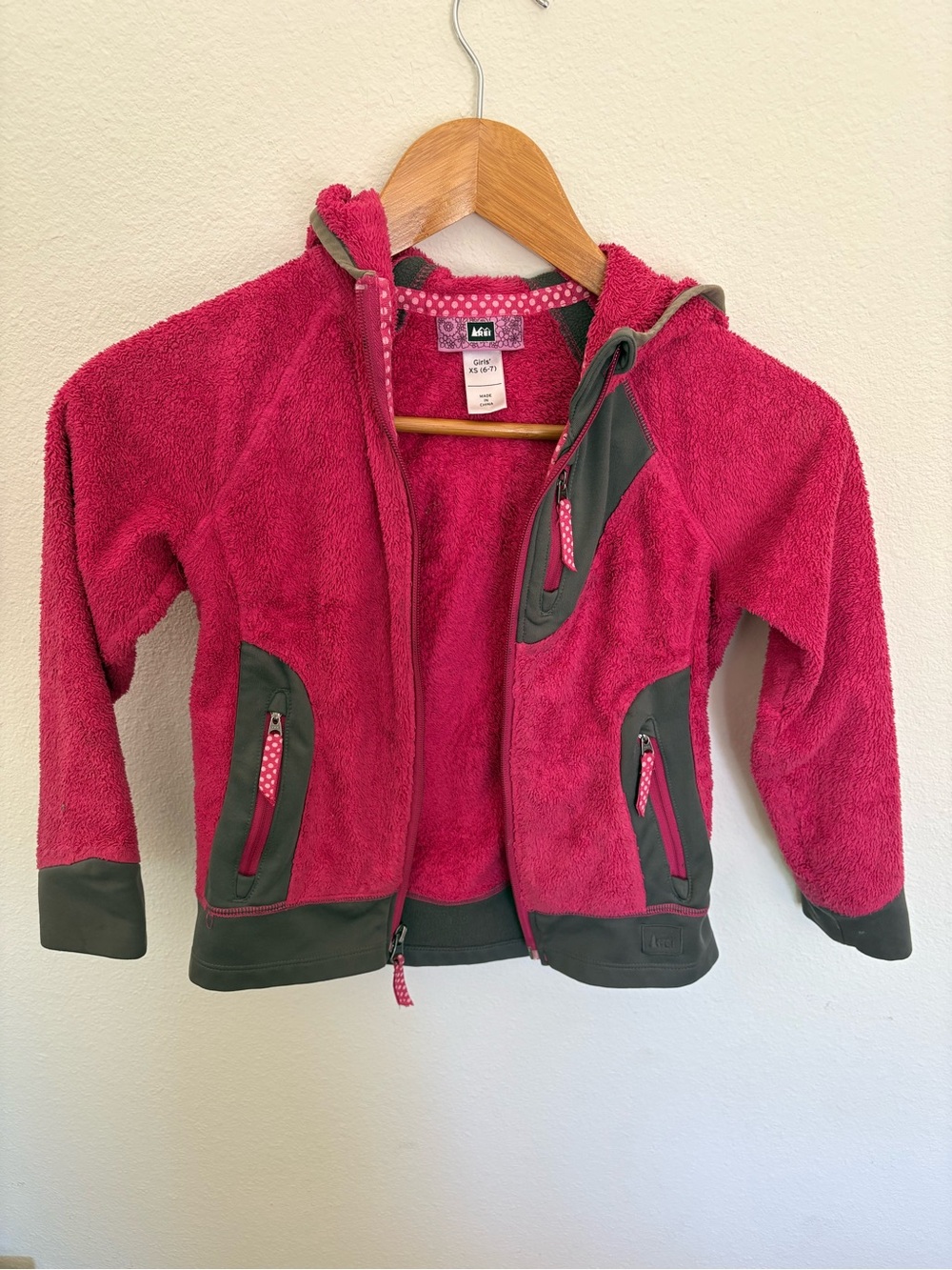 REI Kids' Bright Pink Hooded Fleece with Olive Trim